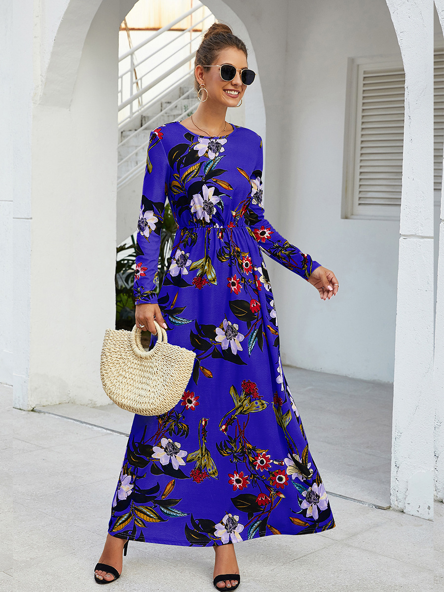 Printed Round Neck Long Sleeve Pocket Waist Dress