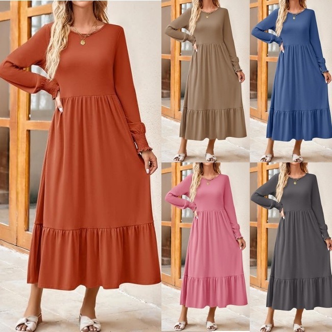 Women’s Smocking Long Sleeve Round Neck Mid-length Dress