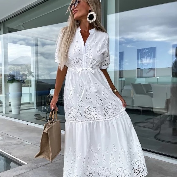 Women’s New Fashion Button Strap Short Sleeve Waist-controlled Mid-length Dress