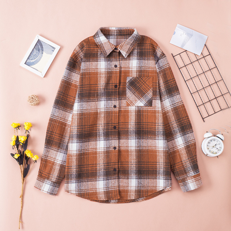 Cotton Polo Collar Loose Women’s Plaid Shirt