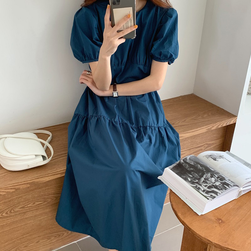 Pleated Slimming High Waist Long Over-the-knee Puff Sleeve Kikyou Dress