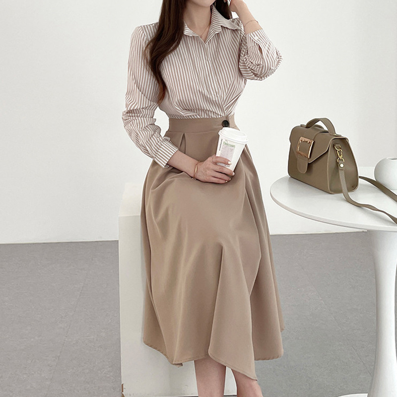 POLO Neck Striped Contrast Waist Long Sleeve Dress