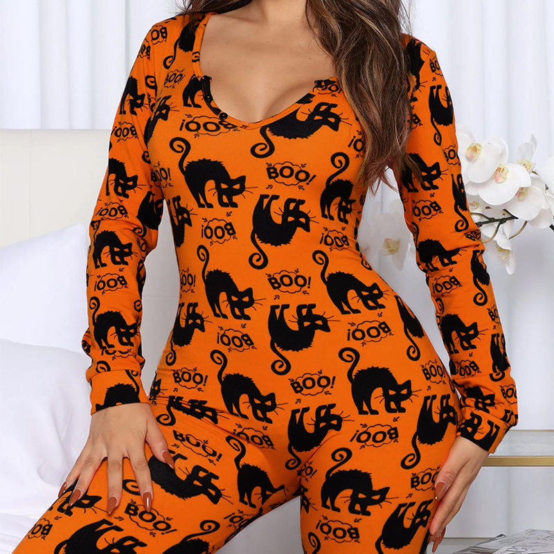 Halloween Printed Jumpsuit Long Sleeve Home Pajamas Casual Trousers Women’s Cos Clothing