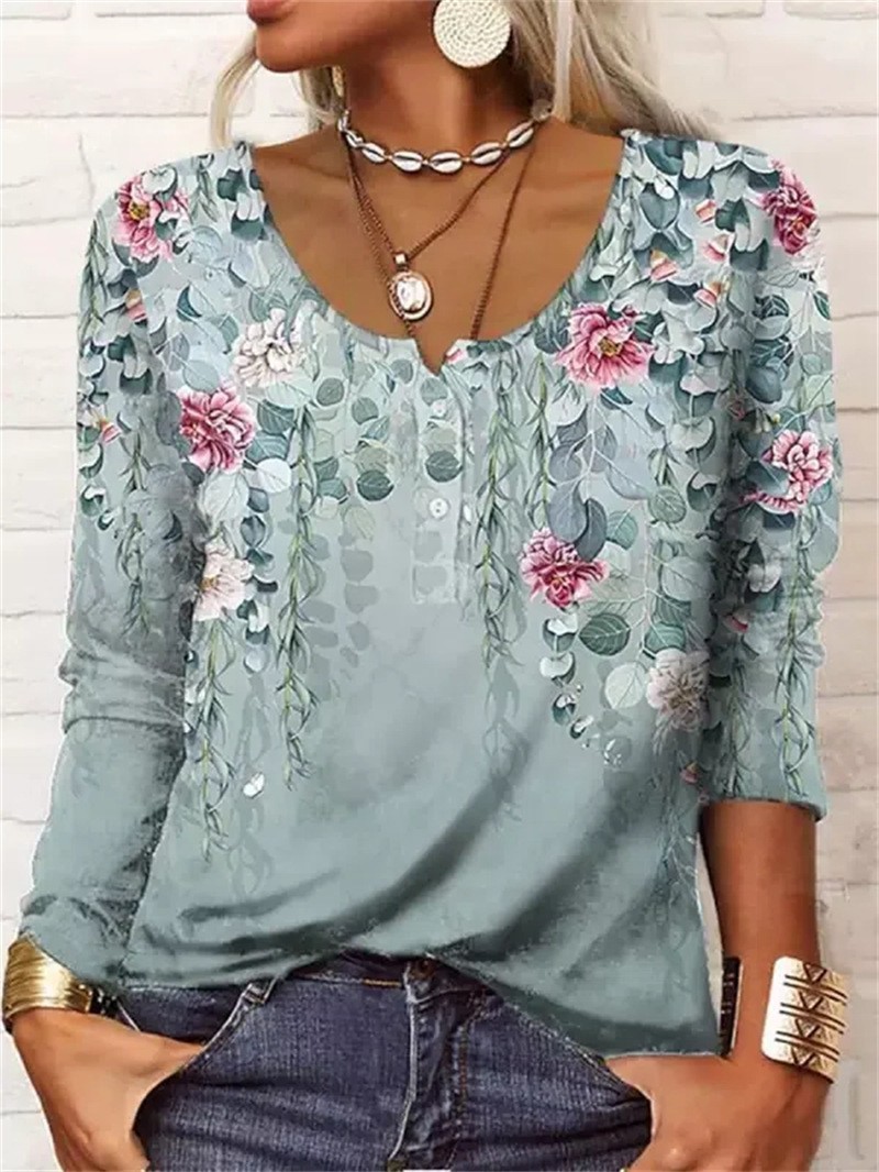 Women’s Loose Long-sleeved Geometric Floral U-neck Button T-shirt