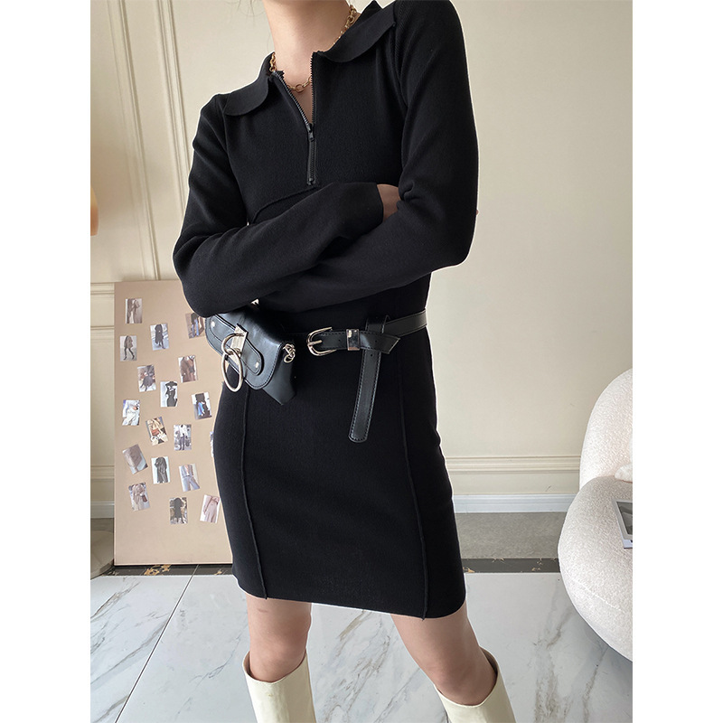 Women’s Fashionable Zipper POLO Collar Slim Knit Dress