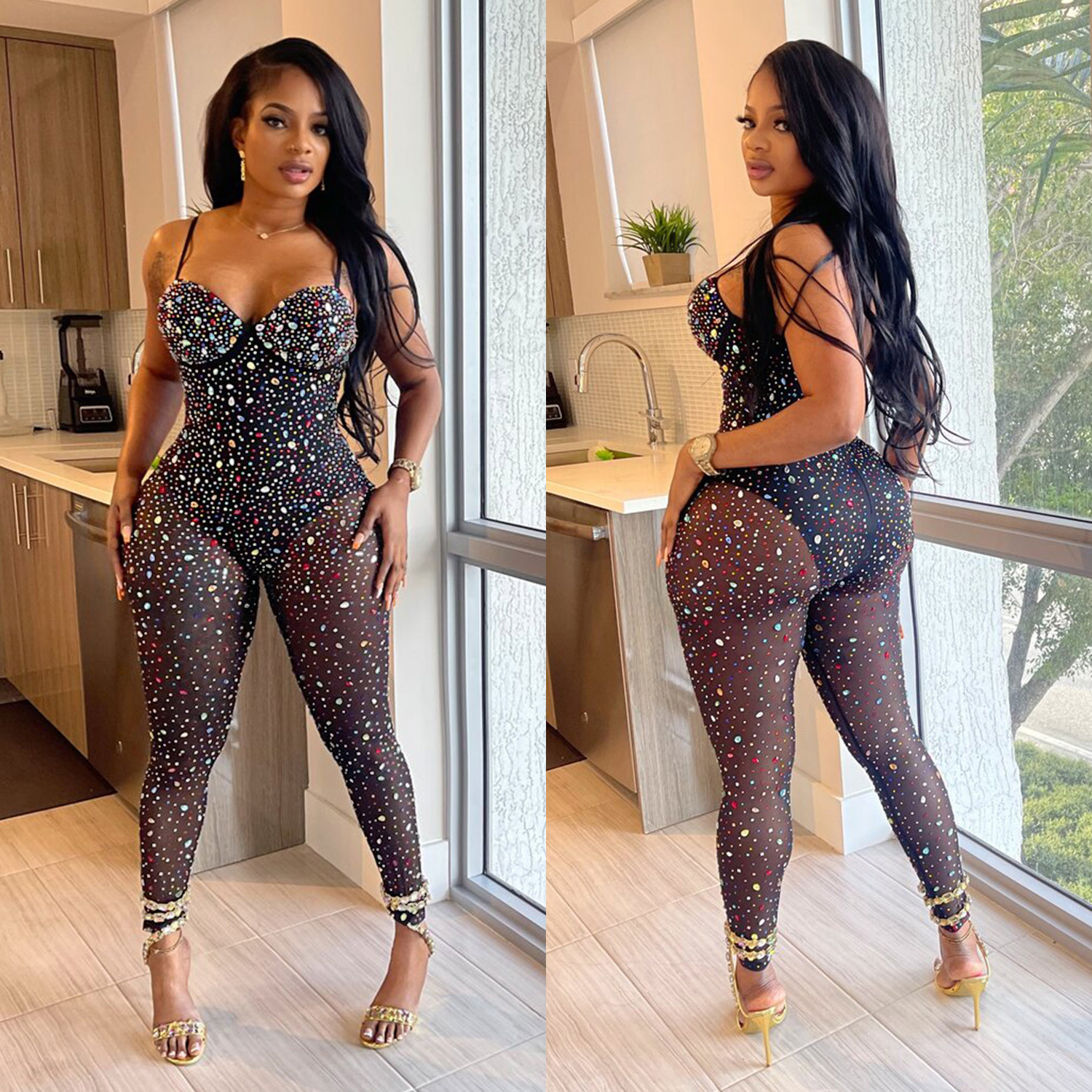 Women’s Pure Color Mesh Rhinestone Pants Jumpsuit