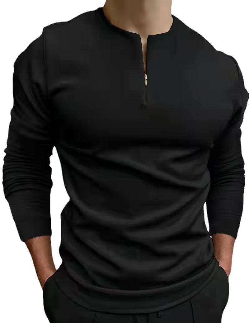 Men’s Long Sleeve Polo Shirt Zipper Black Grey