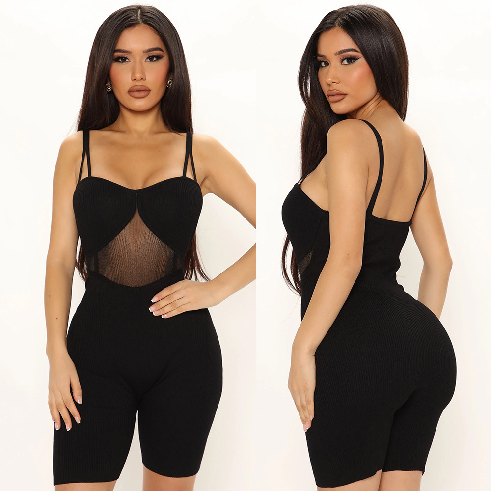 Women’s Skinny Mesh Panel Suspender Jumpsuit