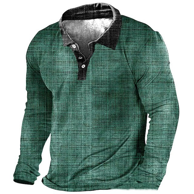 Men’s Long Sleeve Button Printing Leisure Pullover Polo Shirt