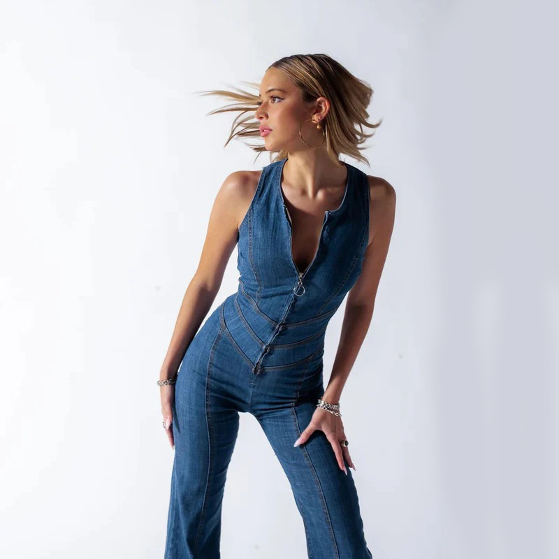 Summer Slim Heart-shape Backless Denim Jumpsuit Women Halter Neck Zip Up High Waist Pant Retro Style Clothing