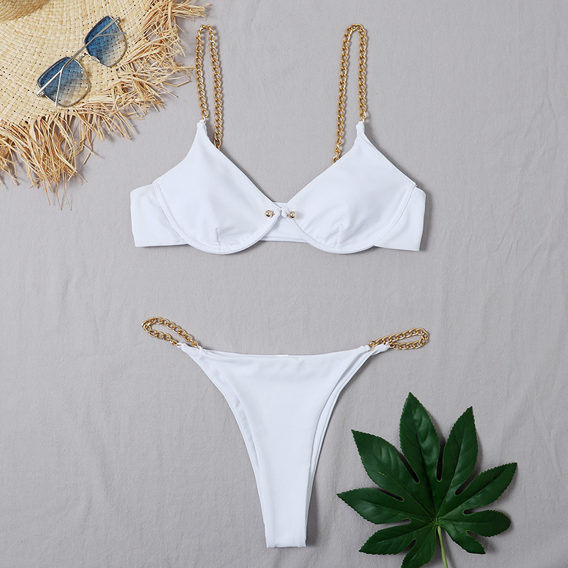 Women’s Sexy Split Chain Solid Color Halter Strap Bikini Swimsuit Two Piece Swimwear Beachwear