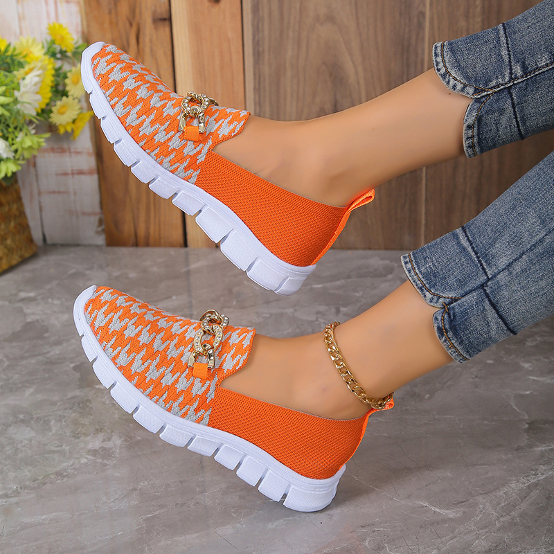 Casual Houndstooth Print Chain Mesh Shoes Summer Walking Sports Flat Shoes Women Breathable Loafers