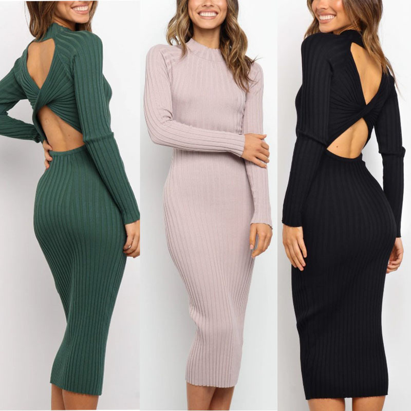 New Style Women’s Suits Sweater Dresses Women’s Solid Color Backless Bow Tight Dresses