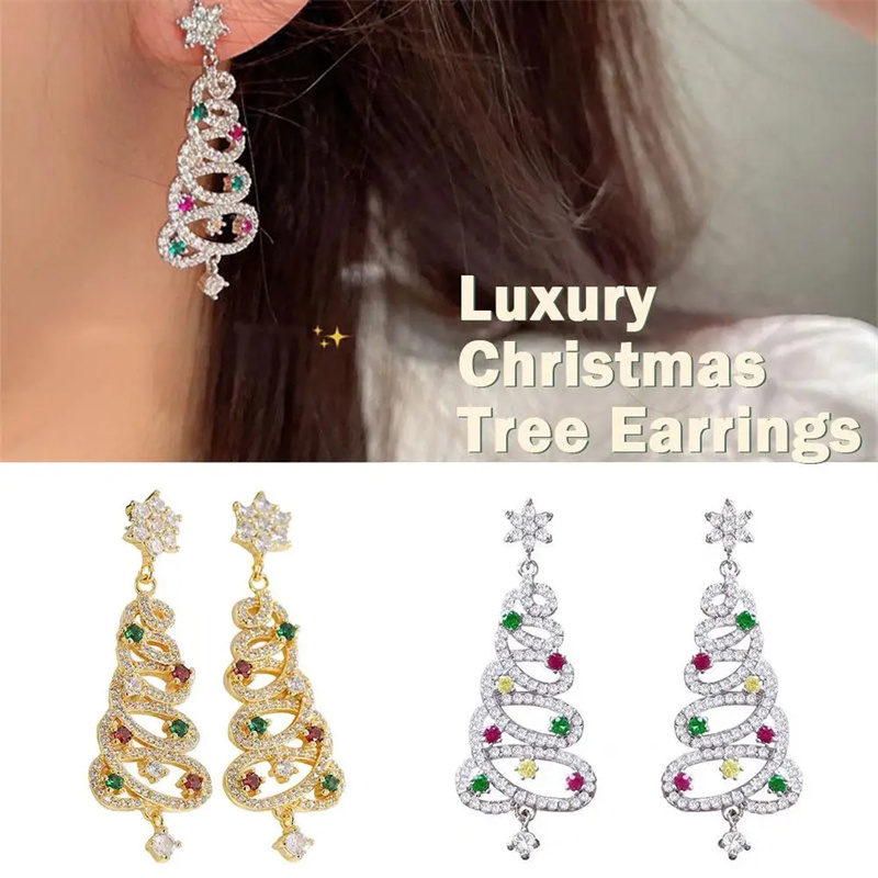 New Full Inlaid Colorful Zircon Christmas Tree Tassel Earrings Women’s Fashion Personality Earrings Party Jewelry Christmas Gift