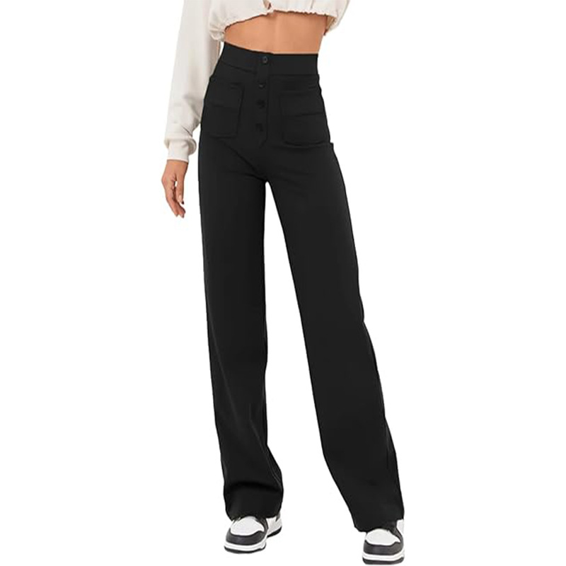 High Waist Trousers With Pockets Casual Loose Wide Leg Button Straight Pants Women’s Clothing