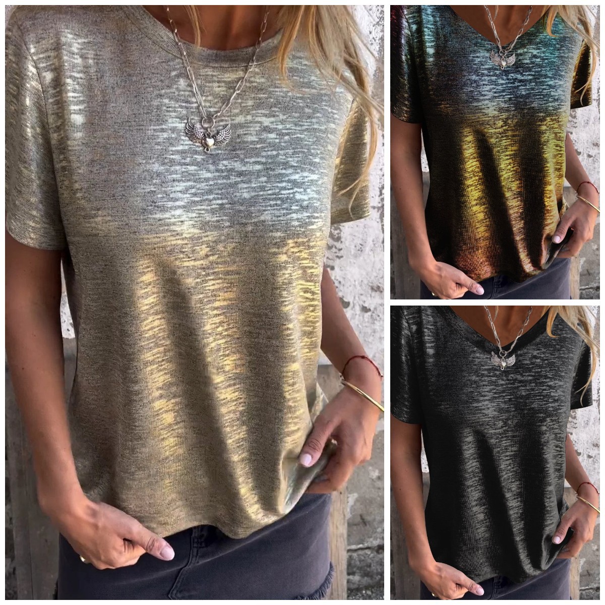 Women’s Fashion Casual Sequin Short Sleeve Round Neck Top