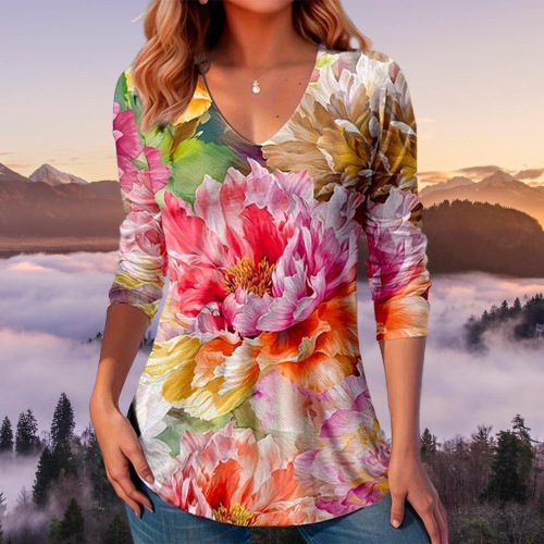 European And American Autumn Women’s V-neck Printed Top