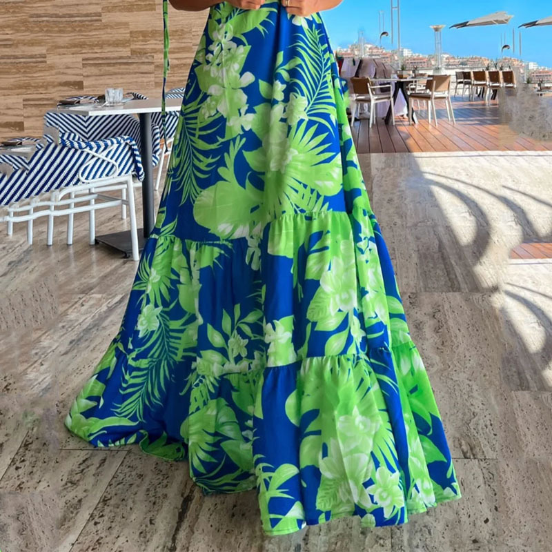 Women’s Fashionable Printed V-neck Strap Long Skirt