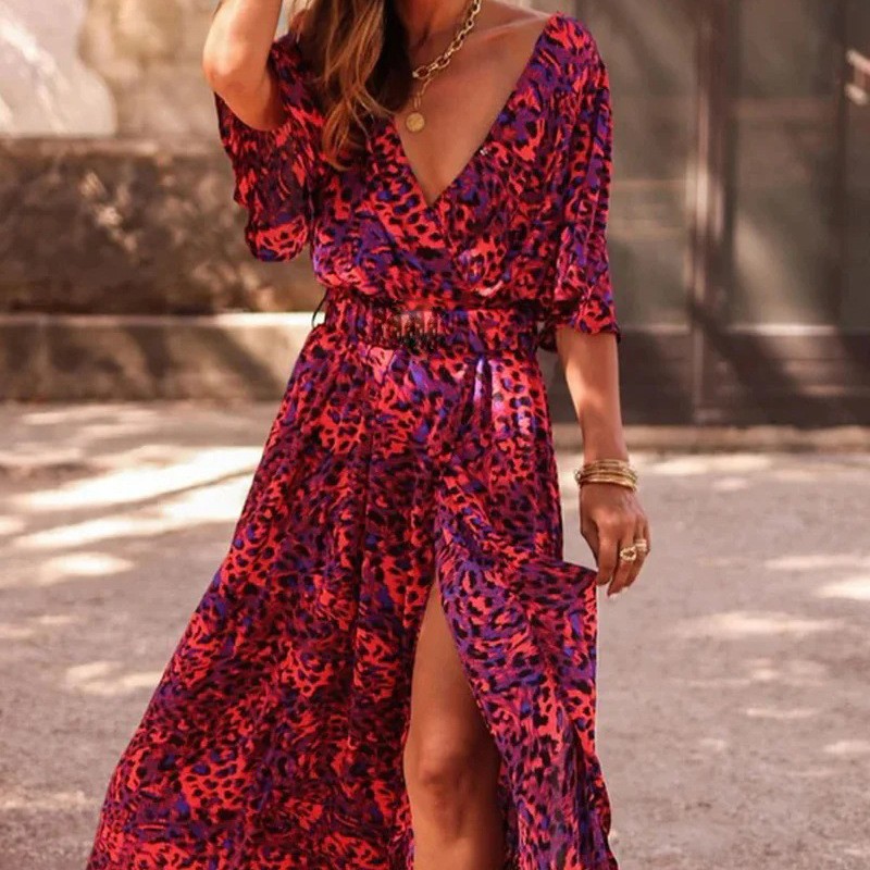 Idle Style Printed V-neck Waist-tight Half Sleeve Split Dress