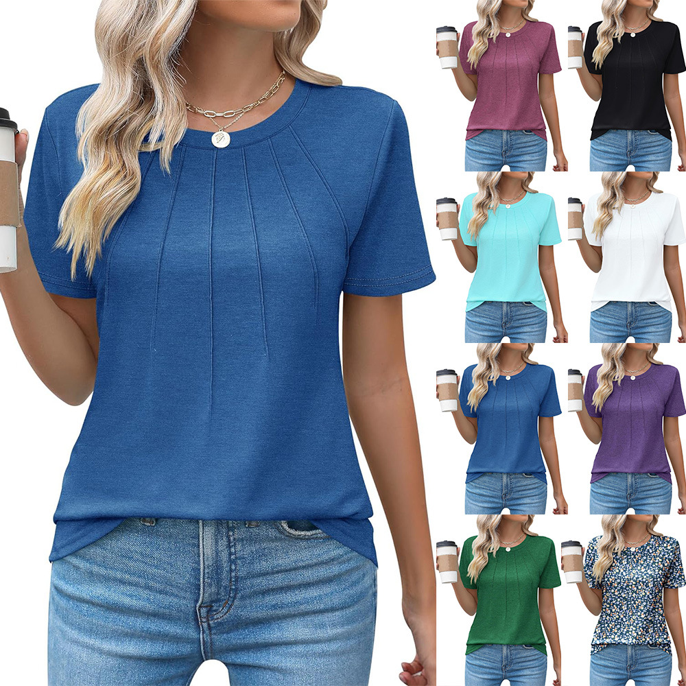 Pleated Round Neck Short Sleeve Women’s Top