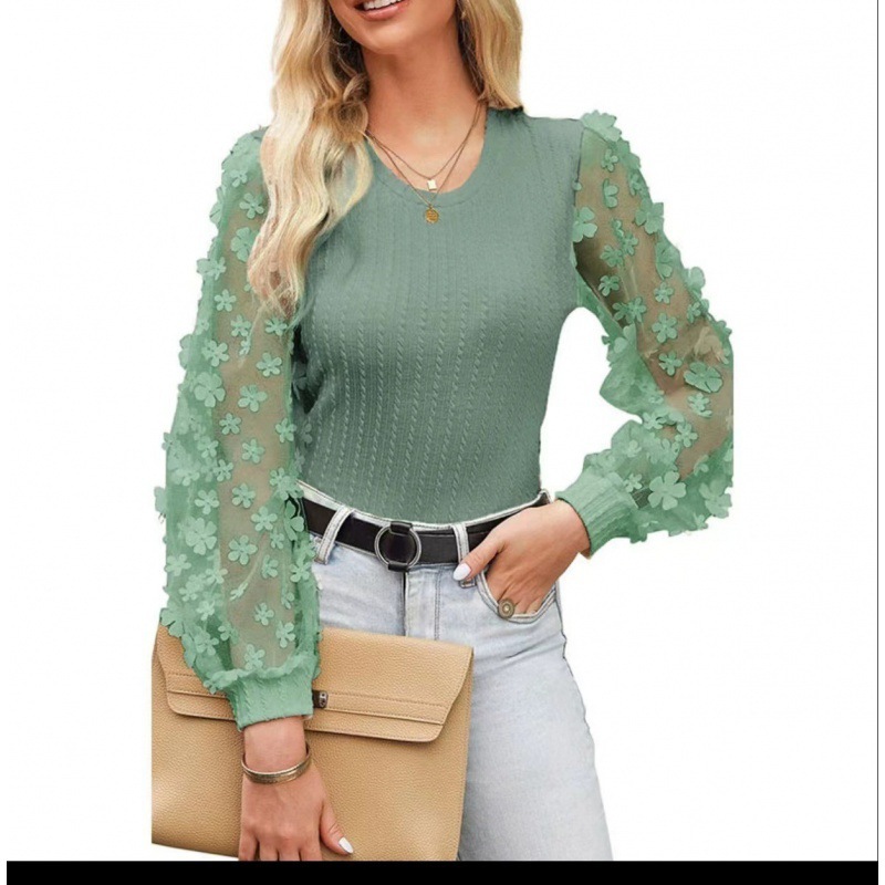 Women’s Mesh Small Flower Chiffon Shirt Summer Round Neck Long Sleeve Top