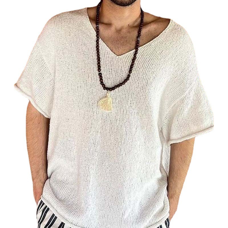 Men White V-neck Short Sleeve T-shirt