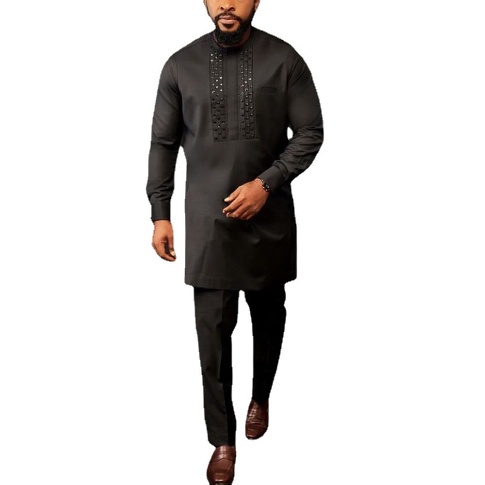 New African Ethnic Style Men’s Suit Rhinestone Shirt And Solid Color Pants