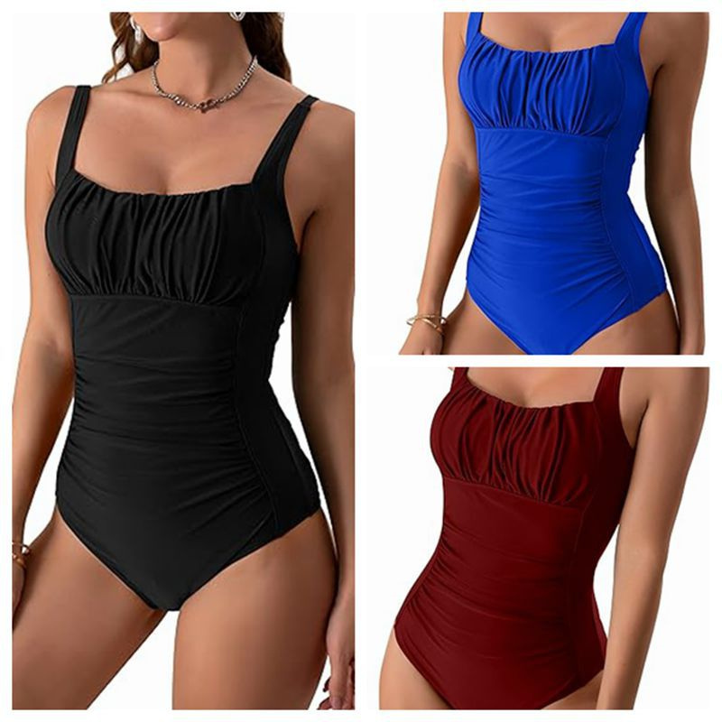 Sexy Square Neck One-piece Bikini Summer New Solid Color Pleated Design Swimsuit Beach Vacation Womens Clothing