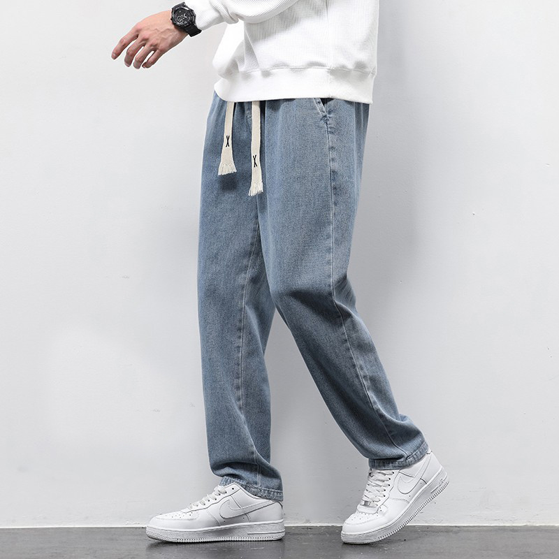 Summer Loose Wide Leg Jeans Pants Men Fashion Drawstring Elasticated Straight Trousers