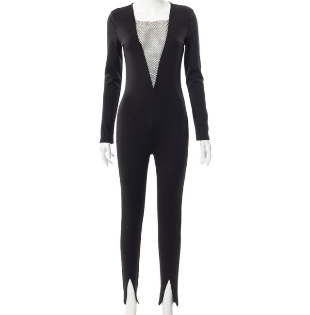 DA5968 V Neck Long Sleeved Split Sexy Jumpsuit With Diamonds