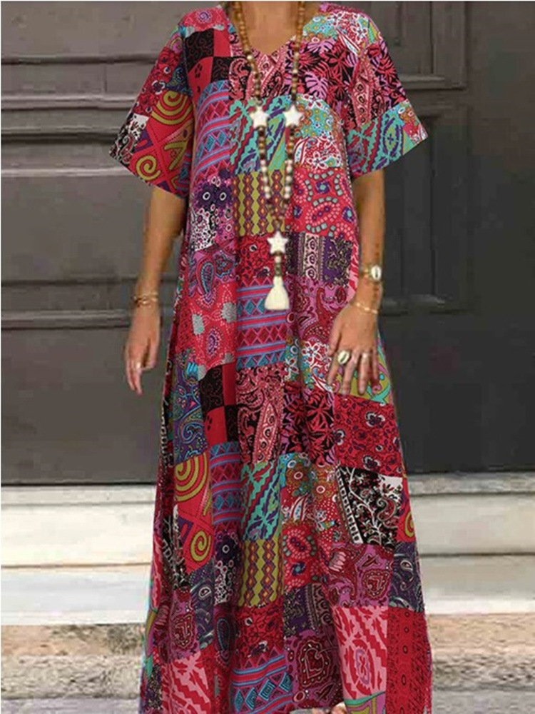 Plus Size Loose V-neck Printed Cotton And Linen Long Dress