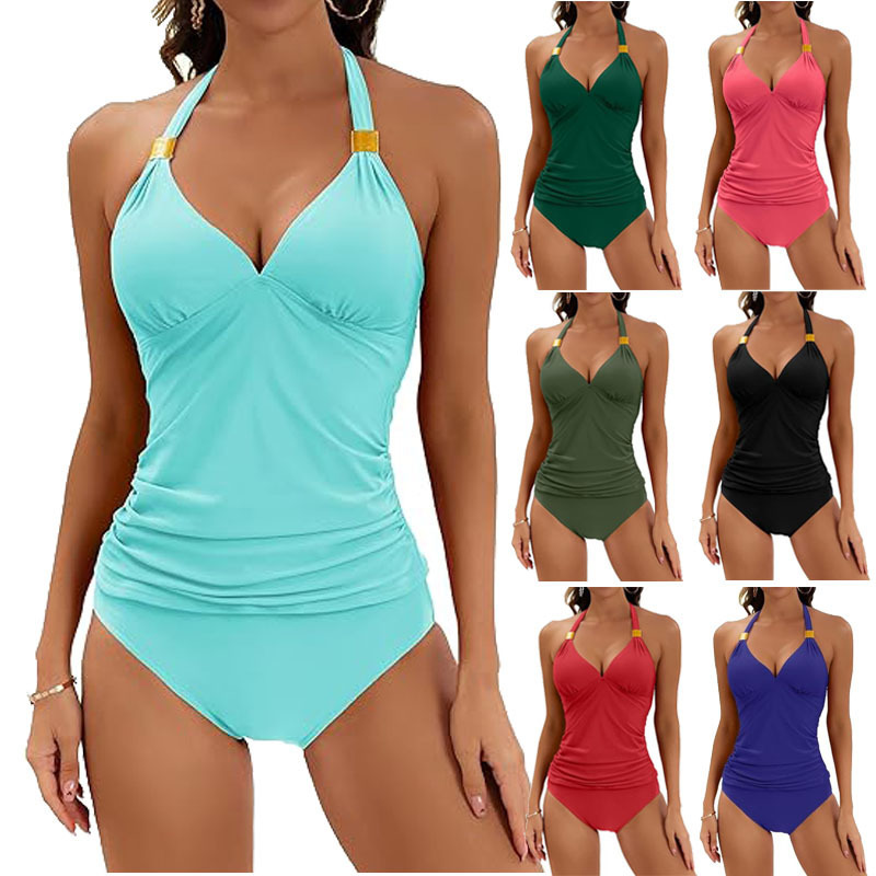 Women’s Pure Color Halter Split Tie Two Piece Swimsuit