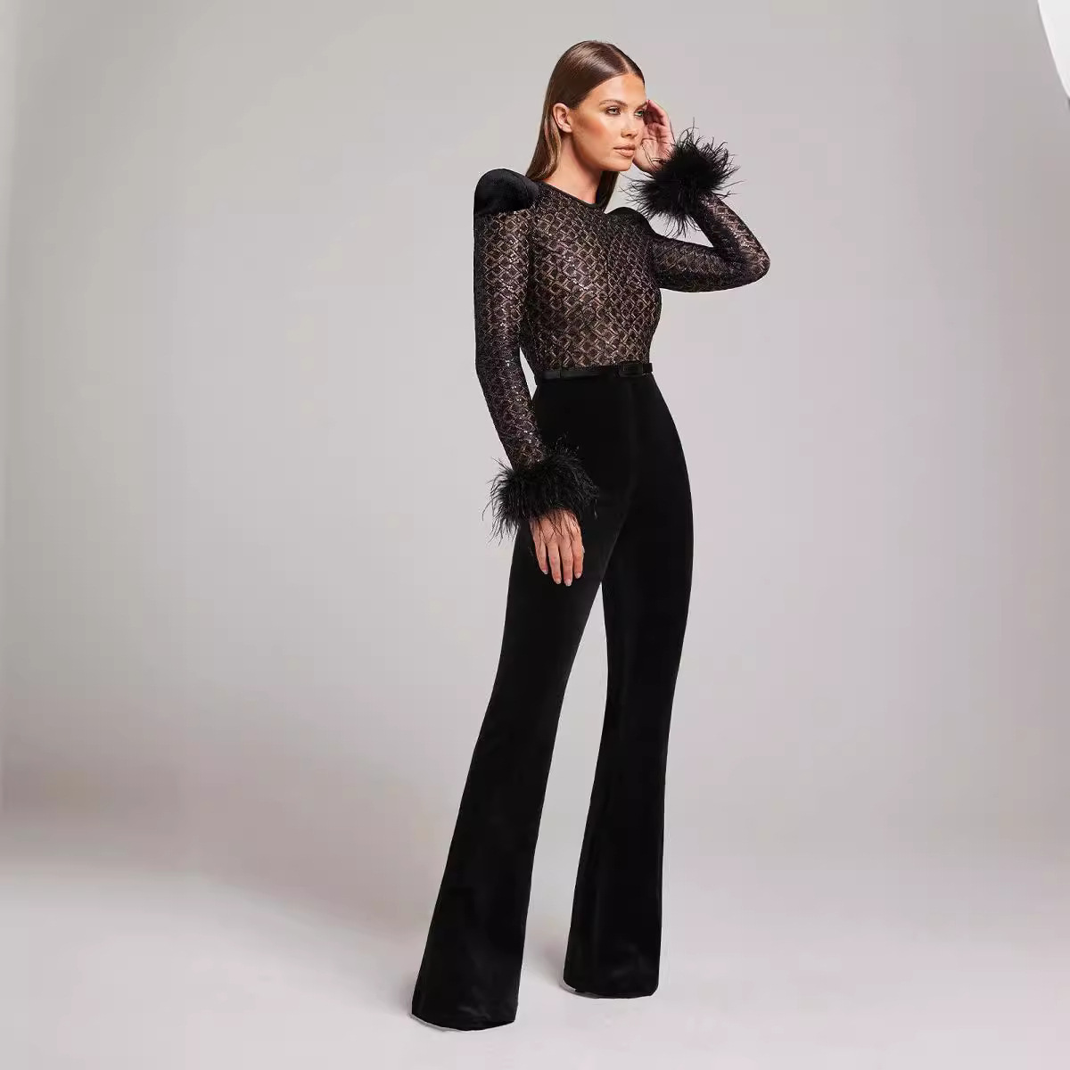 Women’s Fashionable Elegant Lace Feather Sequins Bandage Jumpsuit