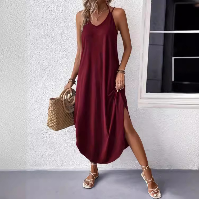 Summer Solid Color And V-neck Sling Backless Dress