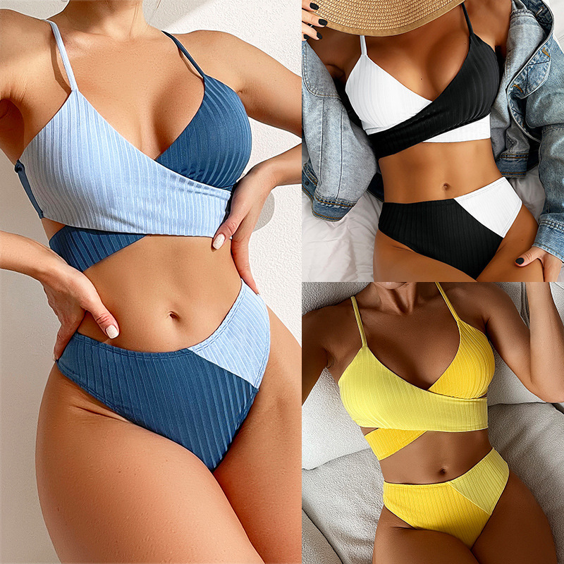 Bikini Patchwork Swimwear Ribbed Women’s Swimsuit Knot Back Beachwear Ruched Butt Biquinis Bathing Suits