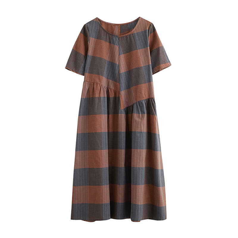 Oversized Loose Stitching Cotton And Linen Plaid Round Neck Short Sleeved Dress