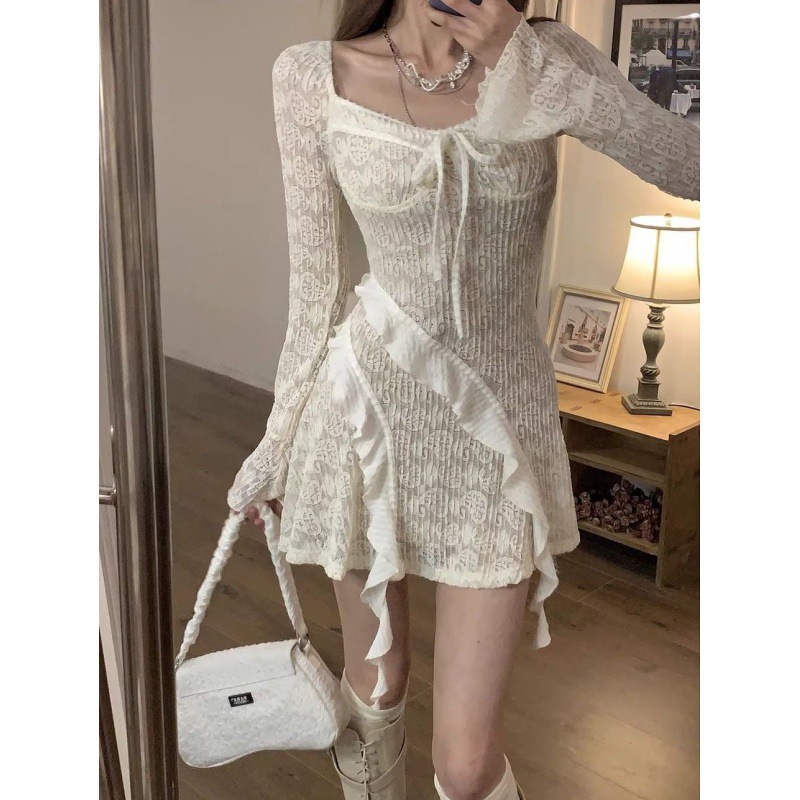 Maillard Design Long Sleeve Lace Stitching Drawstring Dress