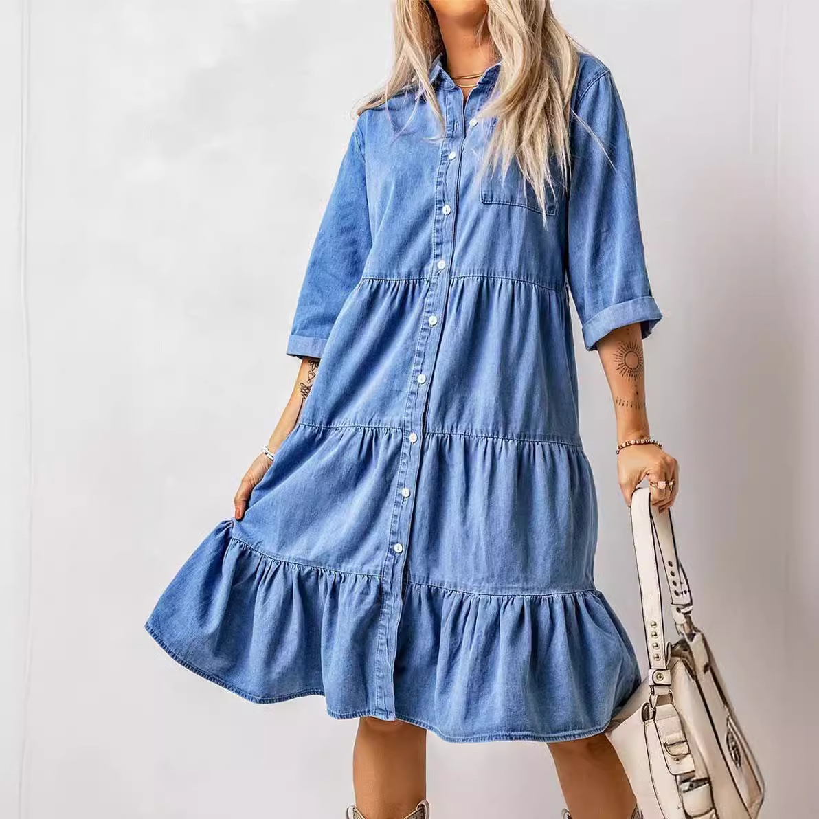 European And American Women’s Clothing New Spring And Summer Dress Imitation Denim Button Shirt