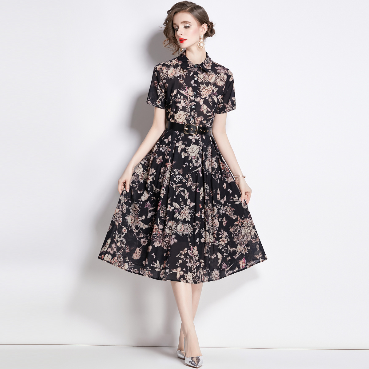 Ink Printing Mid-length Large Swing Dress