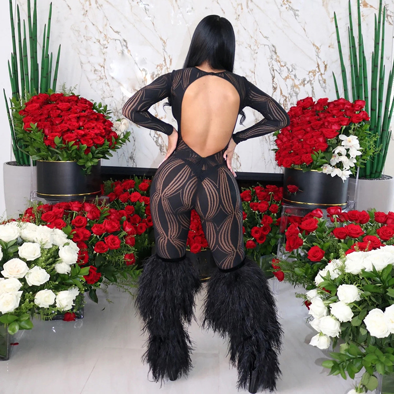 Women’s Fashion Hollowed-out Ripped See-through High Waist Jumpsuit