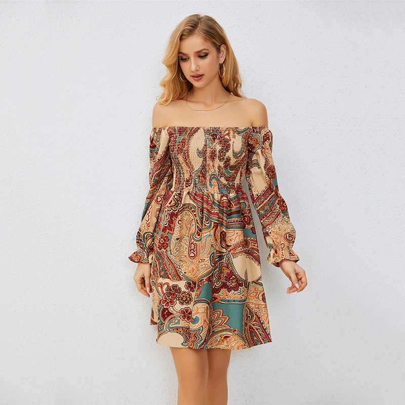 European And American Off-shoulder Printing Dress Women