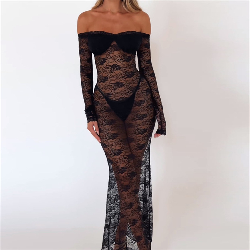 Off-neck Lace Crochet See-through Slim-fit Dress