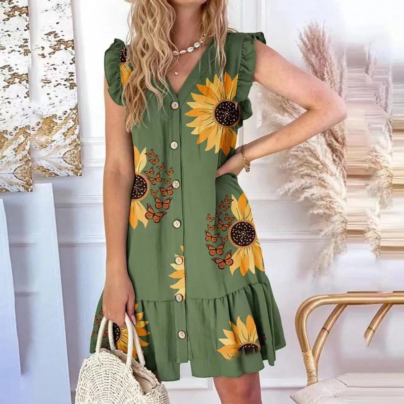 V-neck Loose Print Dress Women