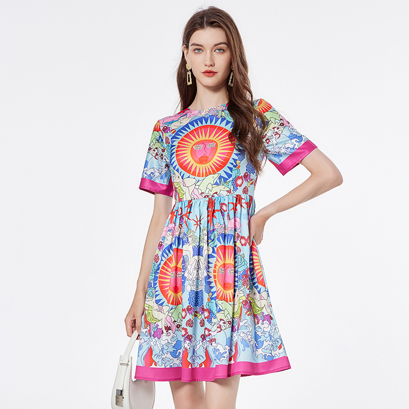 Positioning Printing Round Neck Swing Dress