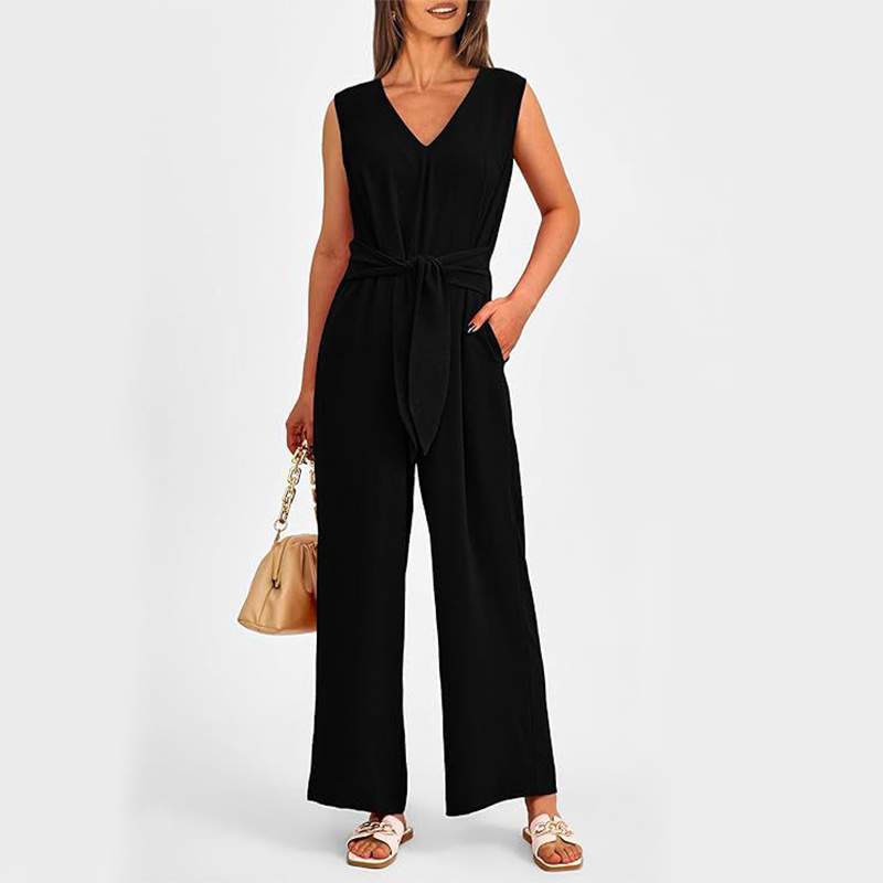 New V-neck Sleeveless Long Jumpsuit With Pockets And Lace-up Design Wide-leg Straight Trousers Summer Womens Clothing