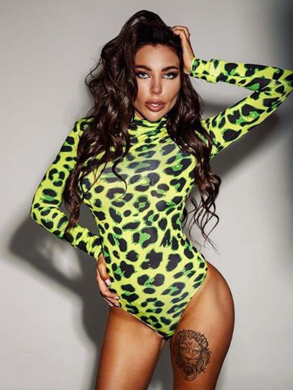 Women’s New Yama Popular High Collar Long-sleeved Green Leopard Print Slim Fit Jumpsuit