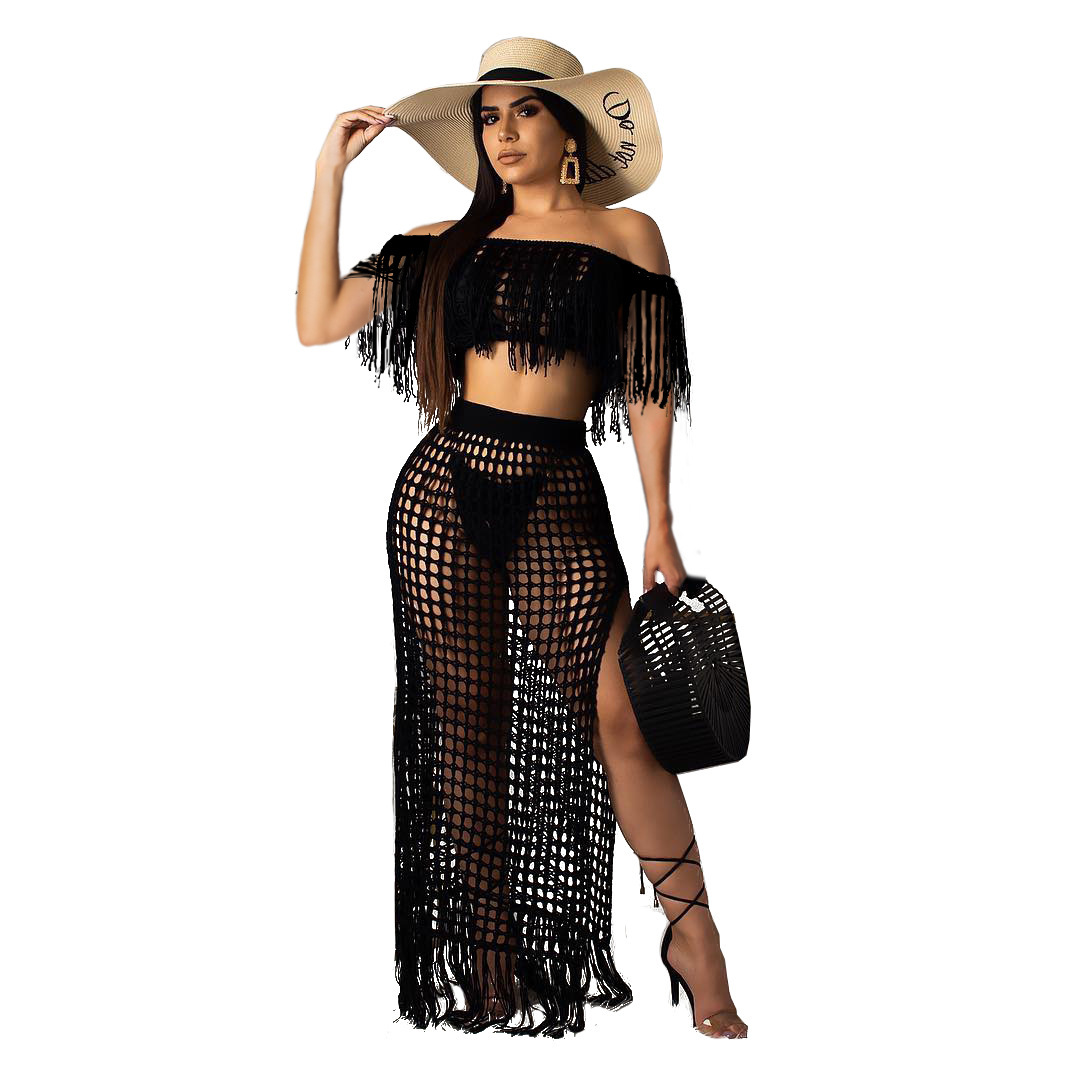 Hollow-out Handmade Tassel Off-shoulder Beach Skirt Suit