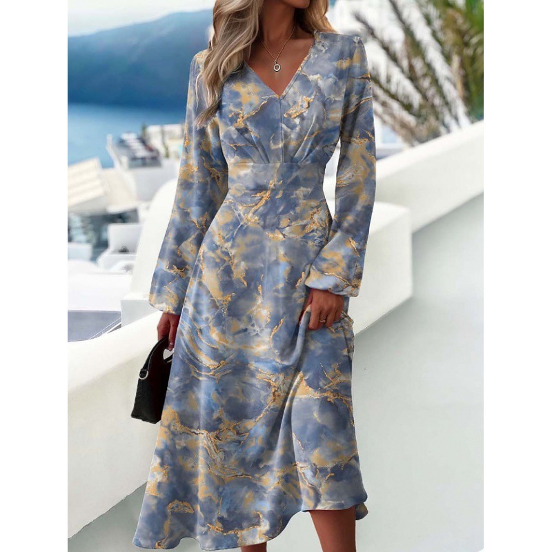 Women’s Fashionable Printed V-neck Long Sleeved Dress