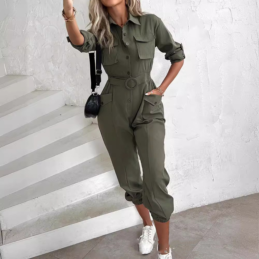 European And American New Women’s Clothes Waist-tied Leisure Cargo Jumpsuit