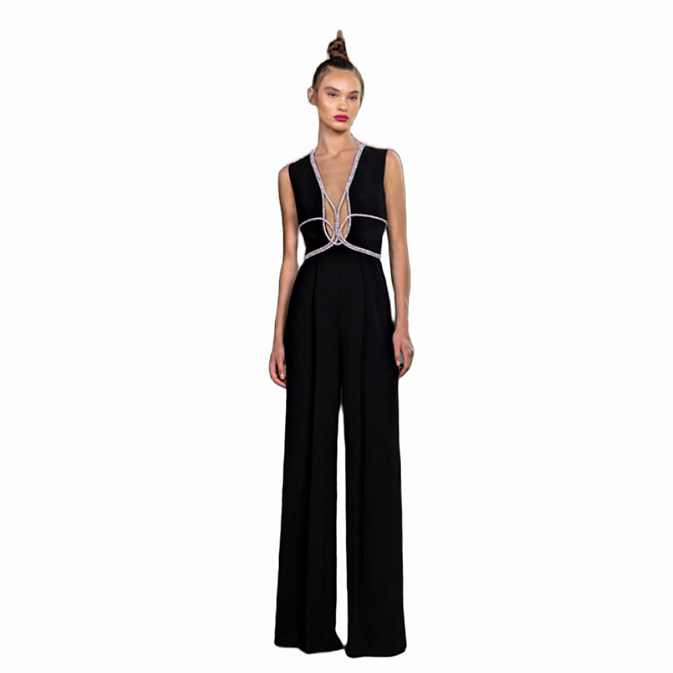 Rhinestone Edge-covered Sexy Low-cut Suit Jumpsuit